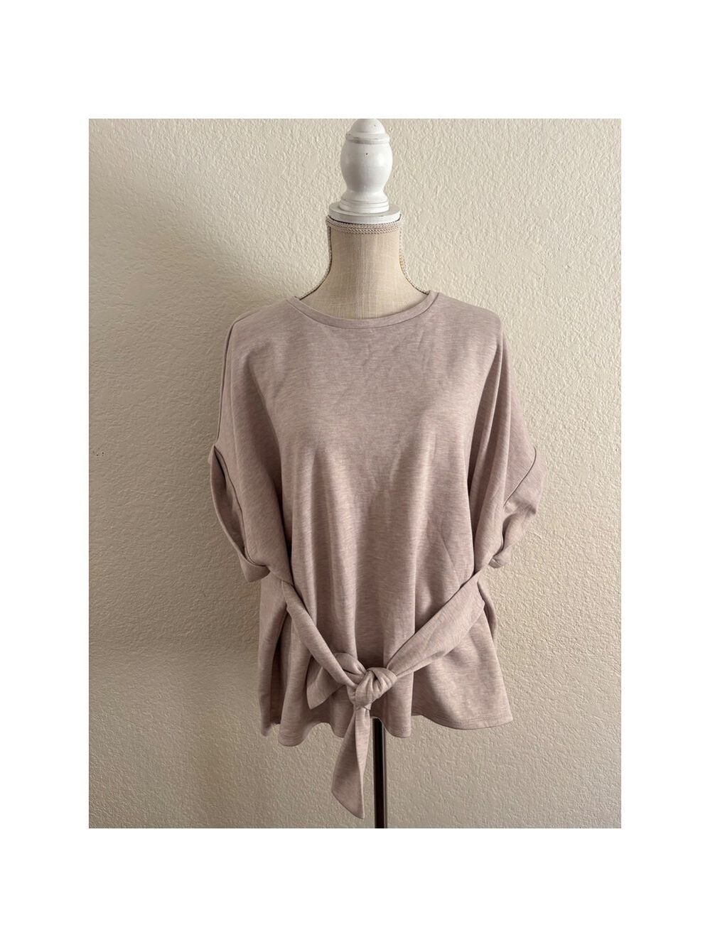 Express Tie Waist Top XL Mauve Heathered Knit Cuffed Short Sleeve Crewneck